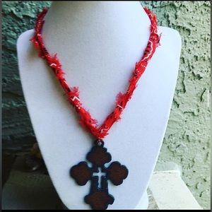 Rustic Cross Pendant on Red Bandana Necklace - Handmade and One of a Kind!